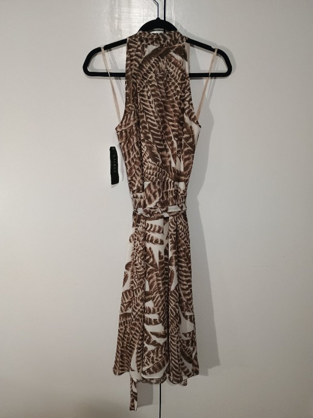 Lauren Ralph Lauren Feather Print Halter Dress Size 6 NWT Brown Ivory Wrap Tie W - Picture 3 of 8